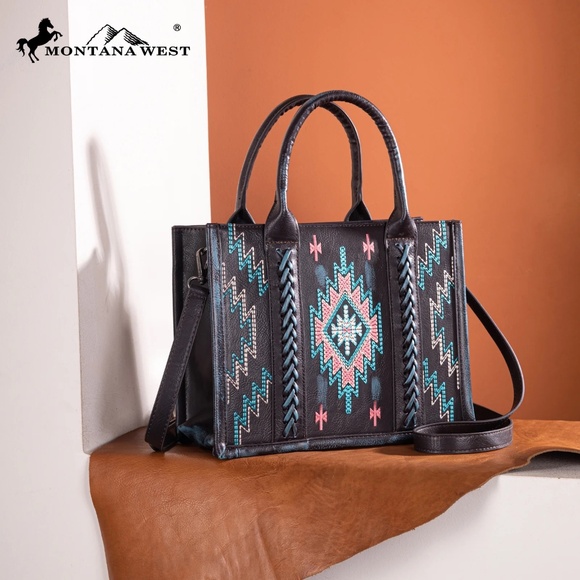 Montana West Embroidered Aztec Tote/Crossbody + Wallet Turquoise - Picture 3 of 8